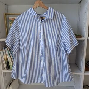Land's End Women's Button Down Short Sleeve Shirt Blue White Striped Nautical 1X